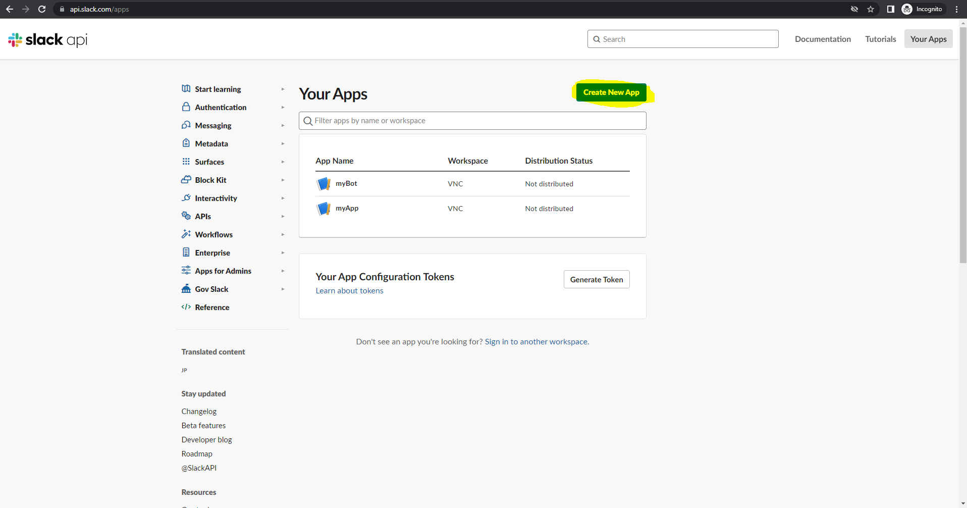 Create New App button